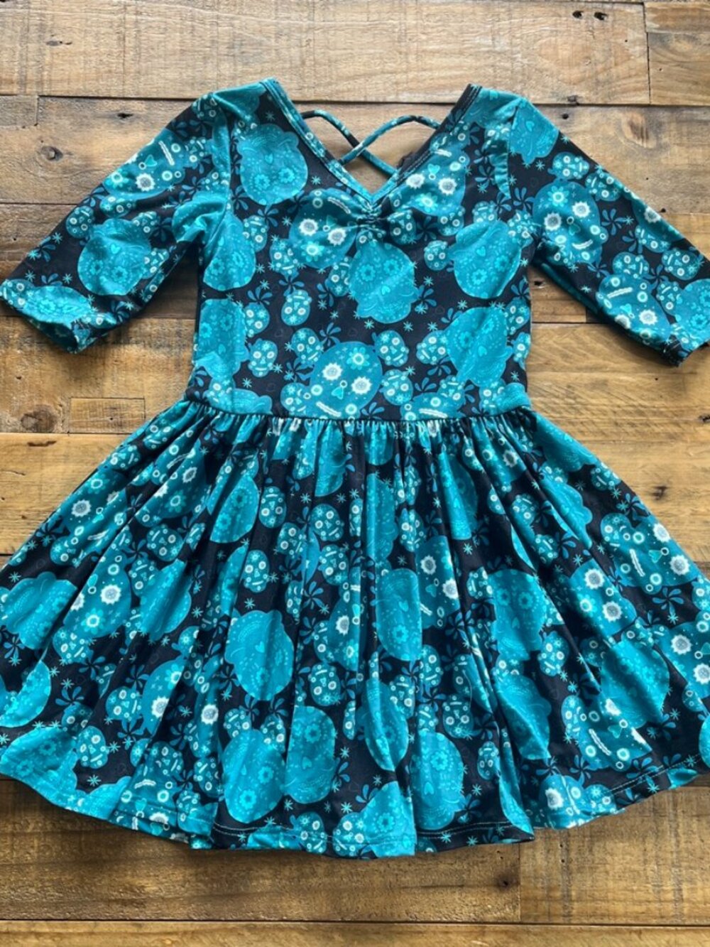 NWT Dot Dot Smile  Ballerina Dress Dia de Los Muertos Blue Skulls 3/4